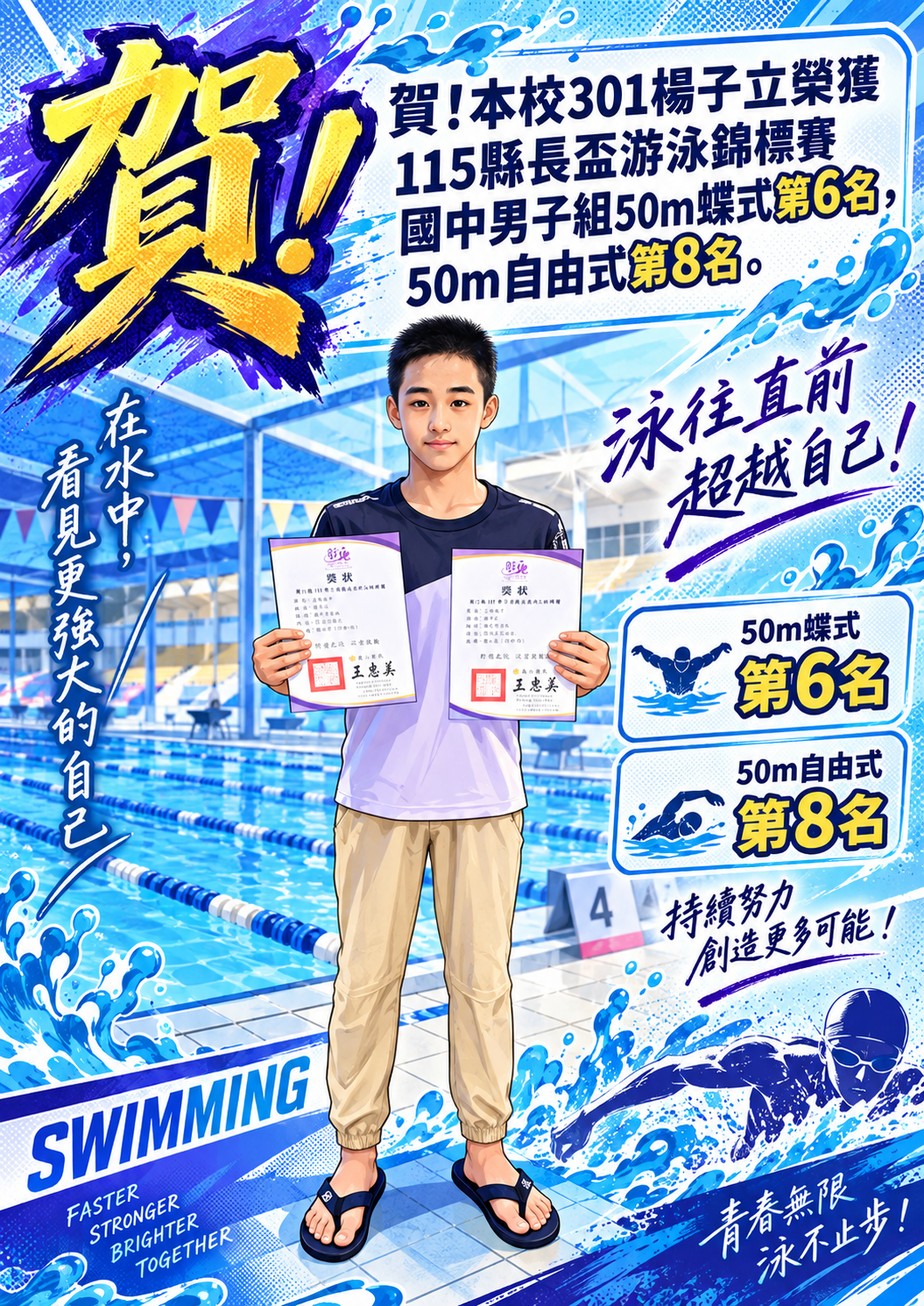 公告縮圖：賀!本校301楊子立參加115縣長盃游泳錦標賽榮獲佳績